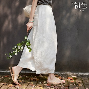 初色 棉麻風純色闊腿寬鬆九分燈籠褲休閒褲寬褲長褲-白色-11739(M-2XL可選)