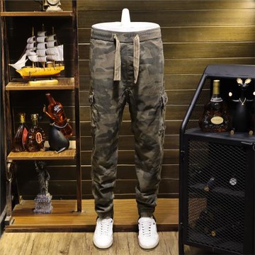 春秋迷彩系帶工裝戶外牛仔休閑褲男束腳寬松潮牌軍旅風長褲子多袋