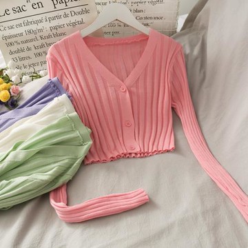 韓版短款修身顯瘦三粒扣純色毛線上衣女夏裝豎條紋長袖開衫針織衫