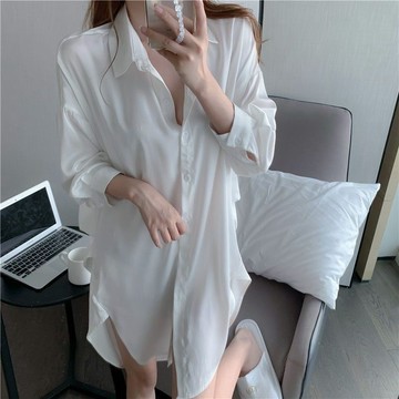 【臺灣出貨 免運】2024新款性感睡衣女春秋冰絲內衣誘惑白色長袖開衫男友風襯衫