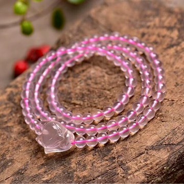 百搭3圈天然粉水晶狐貍手鏈 開光天然粉晶萌狐手鏈 冰粉狐仙手鏈