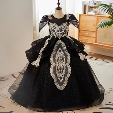 黑色女童主持人禮服裙公主裙高端輕奢小眾兒童走秀洋氣鋼琴演出服