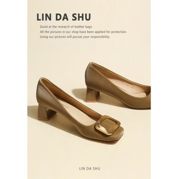 【林大叔】方頭淺口單鞋女新款一腳蹬中粗跟方扣軟皮卡其色高跟鞋