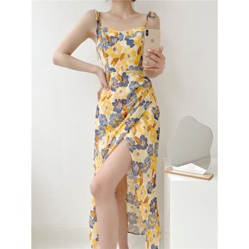 羊皮洞拍照可穿碎花吊帶氣質連衣裙中式故宮小眾設計油畫國風公主