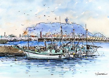 水彩畫原畫 腰越漁港風景 B