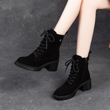 系帶厚底馬丁靴女2024新款加絨冬季真皮軟皮磨砂絨面短靴粗跟女靴