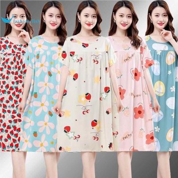 棉綢睡裙女夏季薄款睡衣家居裙短袖綿綢少女媽媽裝加大碼2024新款