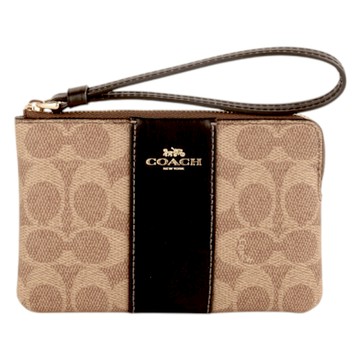 COACH 烙印馬車滿版PVC 皮革L型拉鍊手拿包(深卡其x黑)