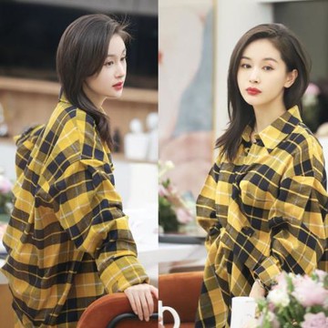 王子文明星同款衣服女秋韓版寬松黃色格子長袖襯衫穿搭