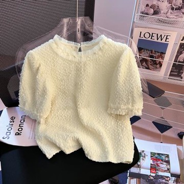 法式泡泡短袖t恤女夏季設計感獨特別致重工釘珠拼接蕾絲花邊上衣