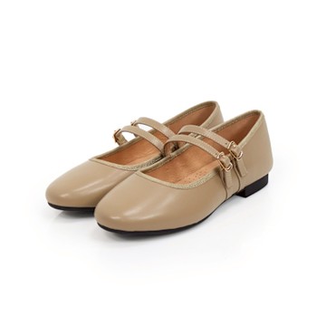 viina雙細帶全真皮平底瑪莉珍鞋-杏