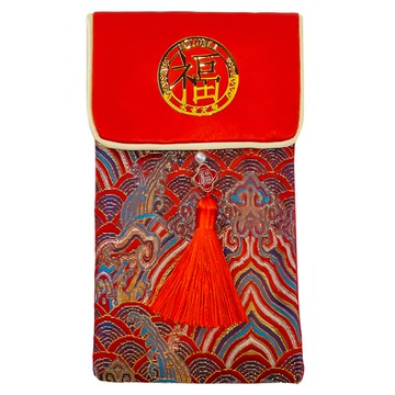 摩達客 春節開運招財 高級綢緞直式金福字祥雲流蘇藝術紅包袋 10x18cm