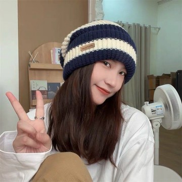 【Ms】 帽子 冷帽 韓國 保暖帽 毛帽 日系條紋字母寬鬆大頭圍紗線帽子女秋冬天保暖百搭針織帽堆堆帽男 帽子男 帽子女