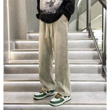 黃泥染牛仔褲男潮牌春秋新款寬松直筒美式復古高街闊腿褲長褲子男