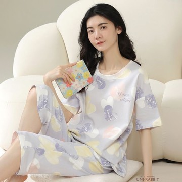 100%純棉睡衣女士夏季短袖七分褲薄款夏天寬鬆套裝家居服純棉短袖睡衣女 女士夏季短袖睡衣短袖居家服套裝居家休閒睡衣