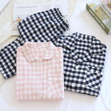 男女情侶款睡衣套裝純棉梭織磨毛棉布長袖長褲格子家居服7-23-1