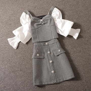 法式小香風千鳥格套裝裙女春季2025年新款歐貨拼接襯衫短裙兩件套