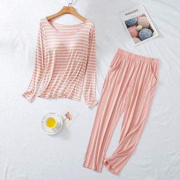莫代爾帶胸墊睡衣女2025年春秋新款長袖寬松休閑家居服兩件套裝可