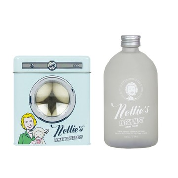 【Nellie s 】天然無毒 織品芳香噴霧x任選2罐組(薰衣草、檸檬草_500ml)+復古存錢筒鐵盒(100%純羊毛烘衣球*4_430g)x1盒