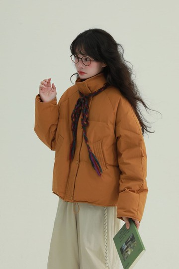 2顔色 松樹松果 綠橘 90絨立領羽絨服 復古休閒冬季保暖外套