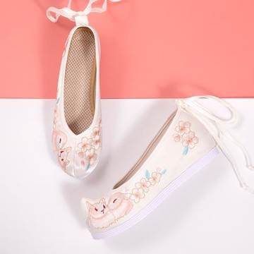 漢服鞋子女古風超仙翹頭履內增高平底繡花鞋女布鞋百搭淡雅弓鞋秋