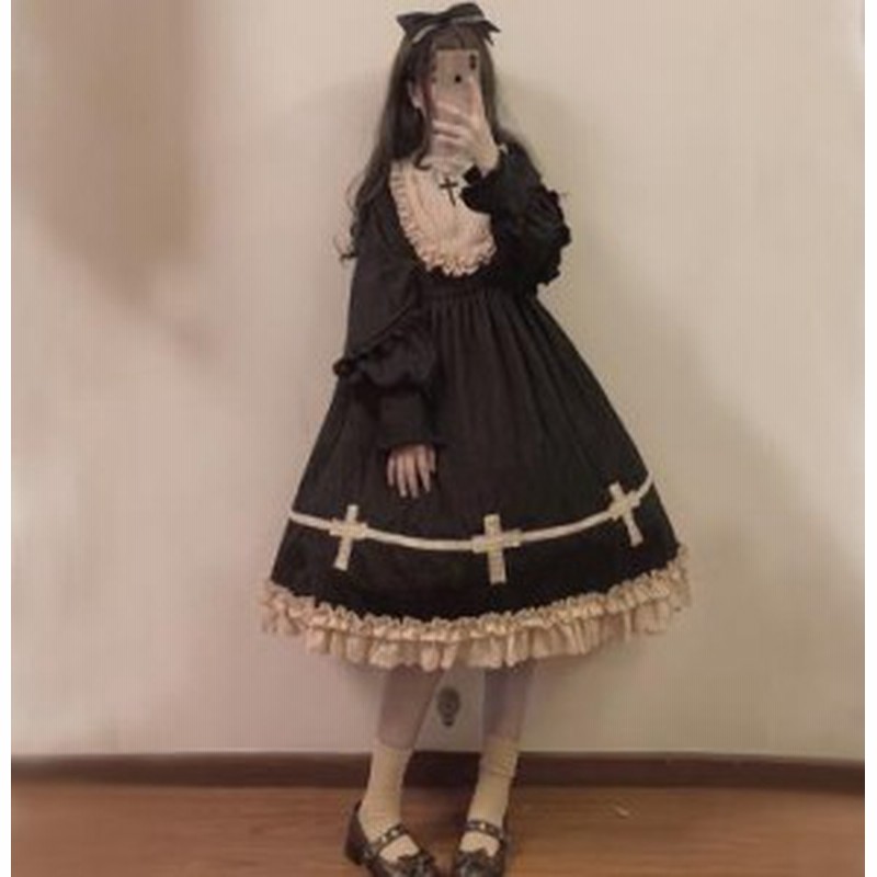 秋冬 ゴスロリワンピース 黒 ドレス ロリィタ Op長袖 膝丈 Lolita ロリータファッション コスプレ 魔女 十字架 クロス コスプレ 通販 Lineポイント最大1 0 Get Lineショッピング