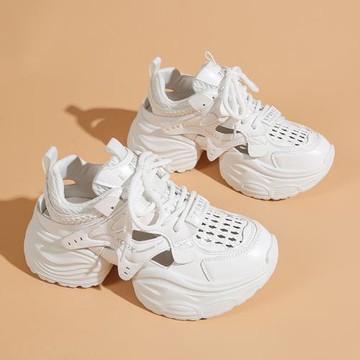 真皮運動涼鞋女2025夏季網面老爹鞋鏤空透氣洞洞鞋厚底松糕小白鞋