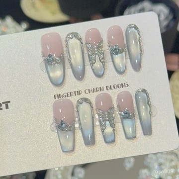 💥加一爆款💥現貨 隔日達【晶藍蝶翼】純手工穿戴甲 滿鑽穿戴甲 蝴蝶穿戴甲 藍光貓眼美甲 中橢圓穿戴甲 中梯穿戴甲