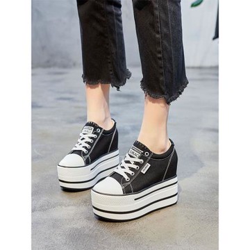 內增高12CM帆布鞋女2025年新款韓版黑色春季坡跟松糕休閑單鞋百搭