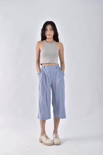 (M) 高腰亞麻寬管藍色長褲