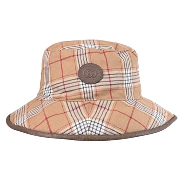 GUCCI 700851 GG LOGO格紋羊毛混紡緹花雙面漁夫帽.駝/咖