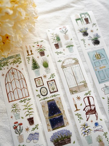 寒冬的溫室 門窗家具小物 室內溫馨花花造景 PET 紙膠帶 日本畫師