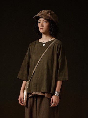 板栗黃 植物染 純棉針織 極寬鬆 圓領八分袖T恤 男女共穿