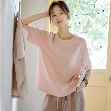 法國亞麻拼100%精梳棉短袖T恤上衣2色-設計所在-獨家高端限量系列