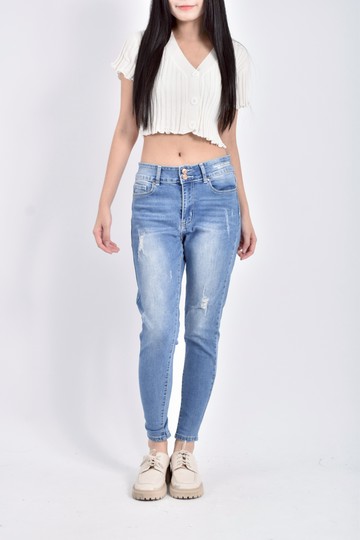 (L) 高腰丹寧牛仔棉質藍色長褲