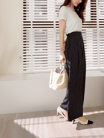 職場OL．造型側排釦條紋落地西裝寬褲