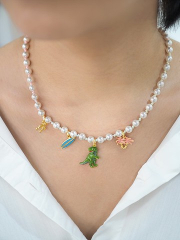 T-Rex Surfer 珍珠頸鍊 柔和色與彩虹款，附恐龍造型的珍珠項鍊