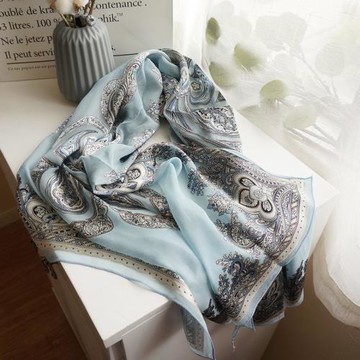 出口外貿春秋民族風文藝范真絲圍巾女藍色桑蠶絲絲巾長款紗巾