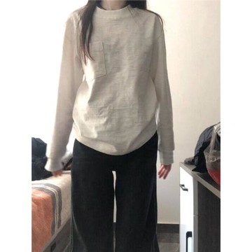 竹節純棉白色長袖t恤女春秋冬寬松內搭打底衫顯瘦百搭氣質上衣春
