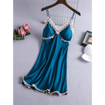 性感吊帶睡裙女夏季薄款帶胸墊冰絲蕾絲韓版誘惑絲綢睡衣家居服