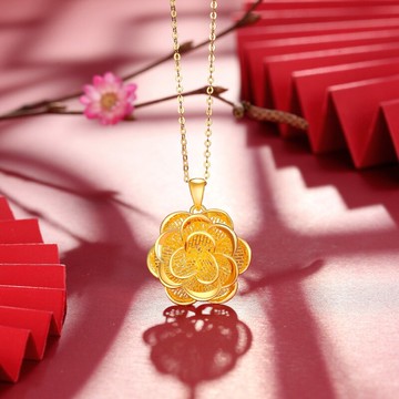 新款 越南沙金鏤空花絲牡丹花吊墜項鏈黃銅鍍金女士氣質鎖骨鏈項