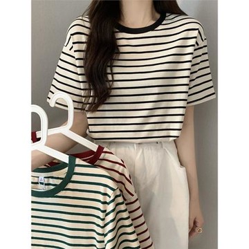 大碼女裝圓領短袖條紋T恤女寬松秋季新款設計感小眾正肩純棉上衣