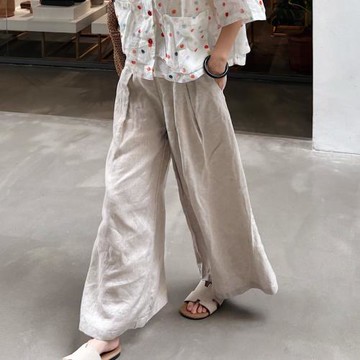 春夏新女 韓國單 漢麻復古松弛感腰部褶皺慵懶寬松顯瘦大碼闊腿褲