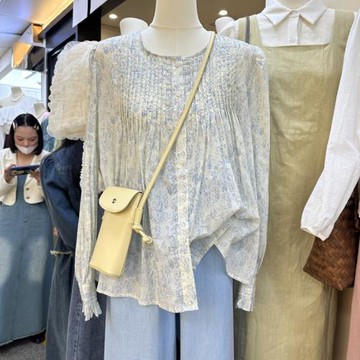 十三行新款韓版2025年夏季通勤寬松圓領壓褶氣質復古碎花開衫上衣