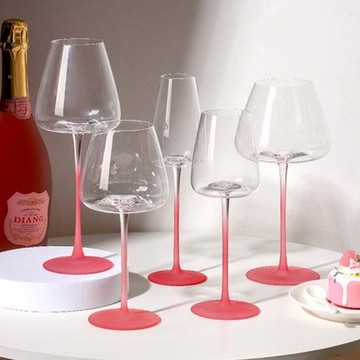 現代簡約粉色玻璃磨砂桿紅酒杯高顏值大肚高腳杯葡萄酒香檳杯
