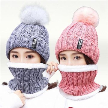 【I.Dear】韓版大毛球護耳針織保暖加絨毛線帽圍脖兩件套(6色)交換禮物/聖誕禮物/送禮