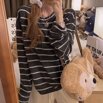 La Belleza韓版慵懶風休閒減齡橫條紋磨毛軟糯寬鬆長版保暖T恤