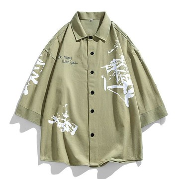 【二十三歲】臺灣出貨【清倉】夏季純棉男士七分袖襯衫寬鬆印花休閒工裝外套襯衣男