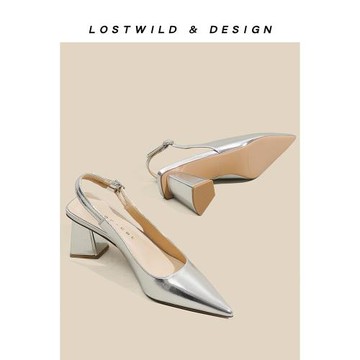 LOSTWILD真皮銀色包頭涼鞋女2025年新款通勤法式氣質尖頭高跟鞋夏