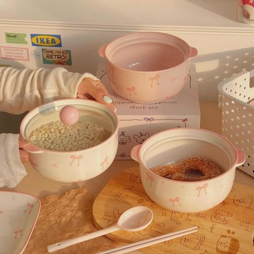 蝴蝶結釉下彩泡麪碗陶瓷帶蓋高顏值加厚家用學生宿舍湯碗螺螄粉碗⭐免運費